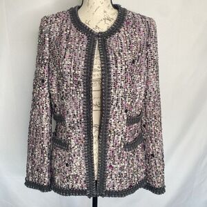 Neiman‎ Marcus Tweed Sequin Pink Grey Jacket Sz M Preppy Old Money Classic Fall